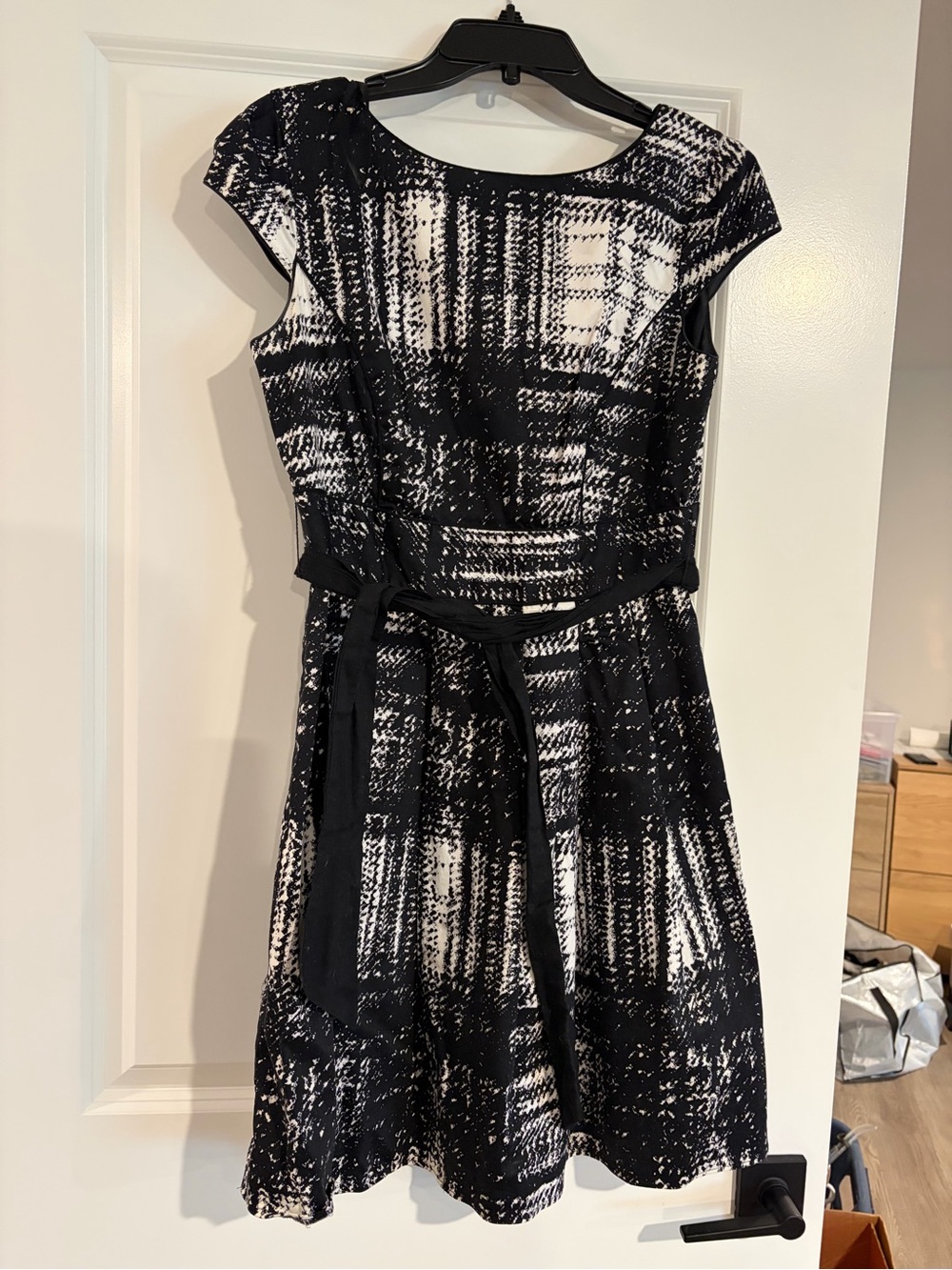 Mexx Black and White Printed Midi Dress with Tie Belt